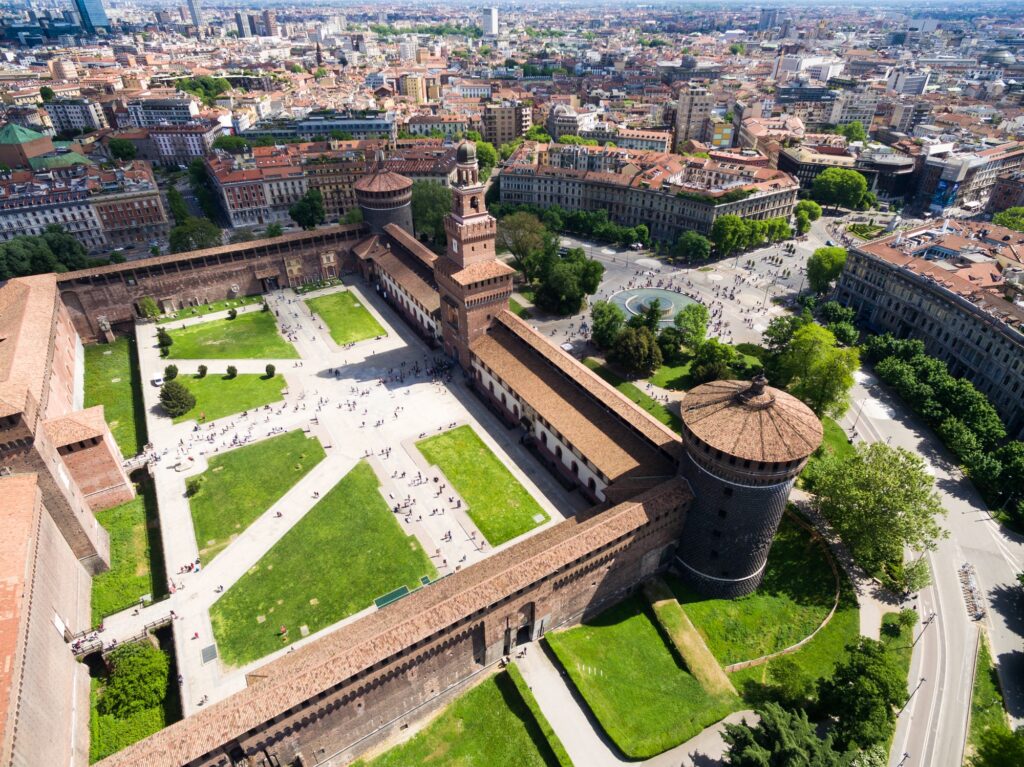 Aerial photography view of Sforza castello castle in Milan city