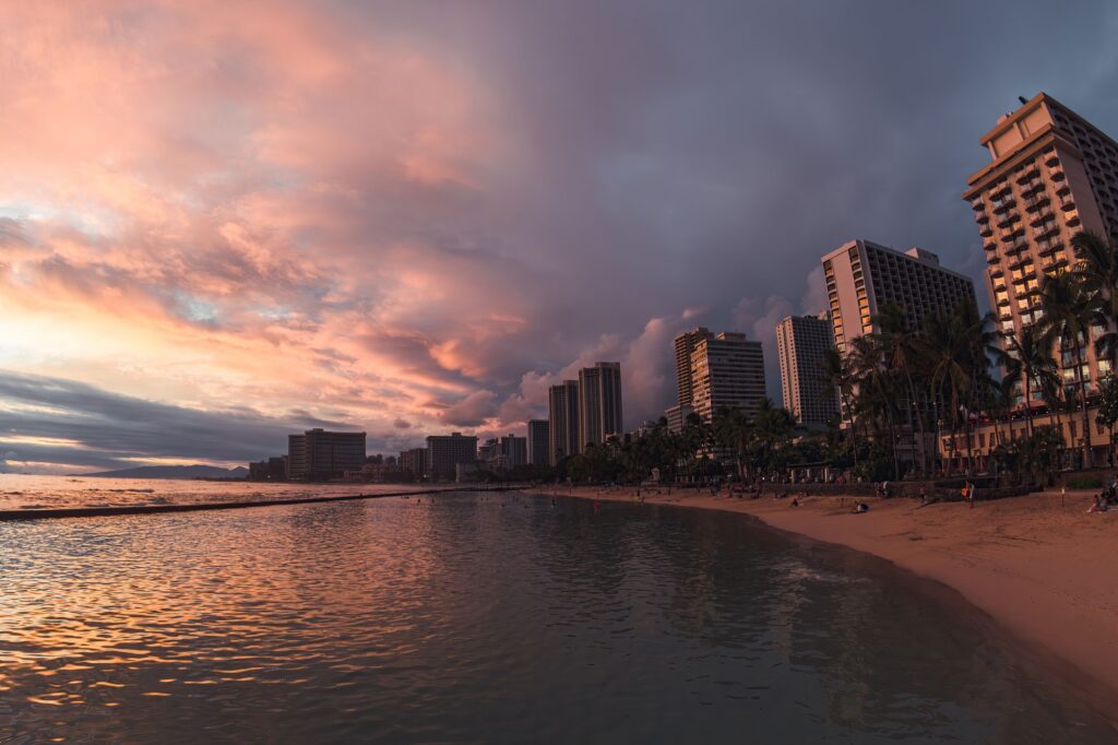 Hawaii's Waikiki Beach Sunset: People, Hotels, and Scenic View in Honolulu, Oahu, Hawaii